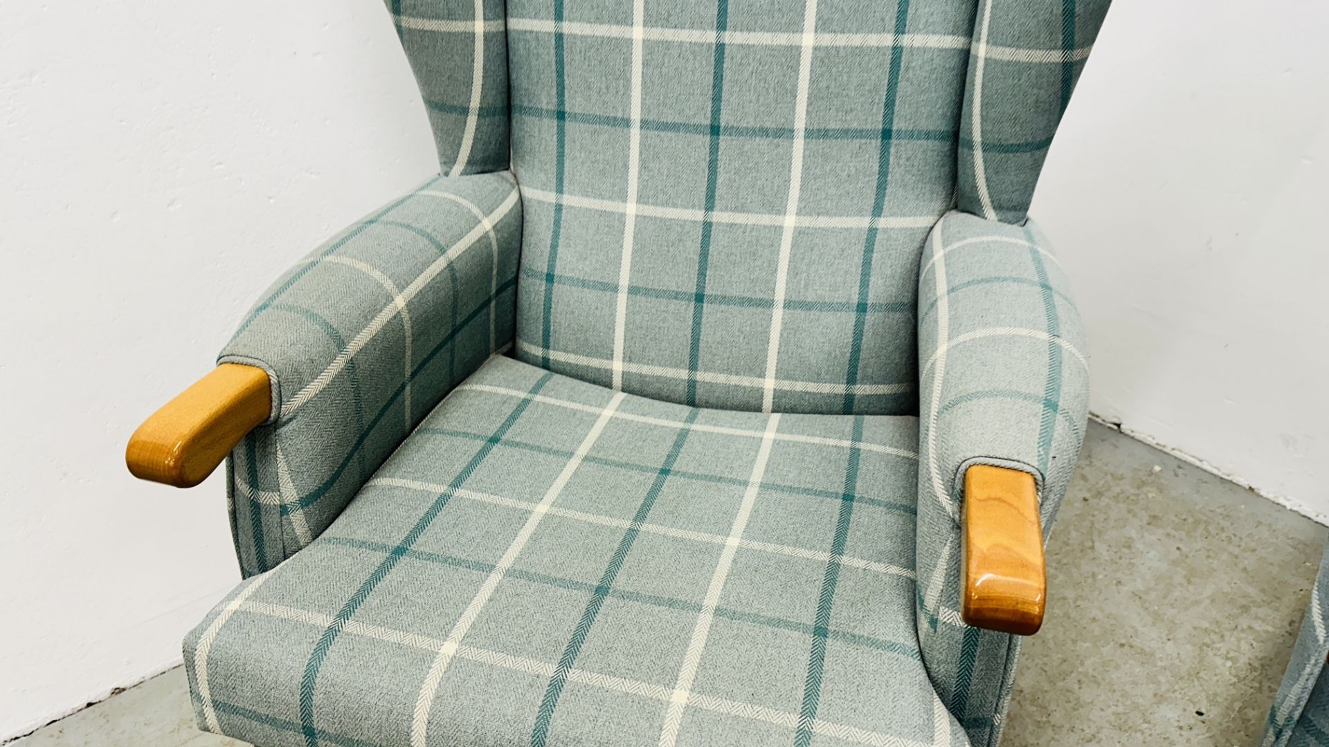 A HIS & HERS SET OF MODERN BLUE CHECKERED UPHOLSTERED BEECH WOOD WING BACK CHAIRS. - Bild 11 aus 17