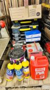 A QUANTITY FITTINGS AND FIXINGS IN CARRY CASES, ALONG WITH SANDPAPER, PVA GLUE,