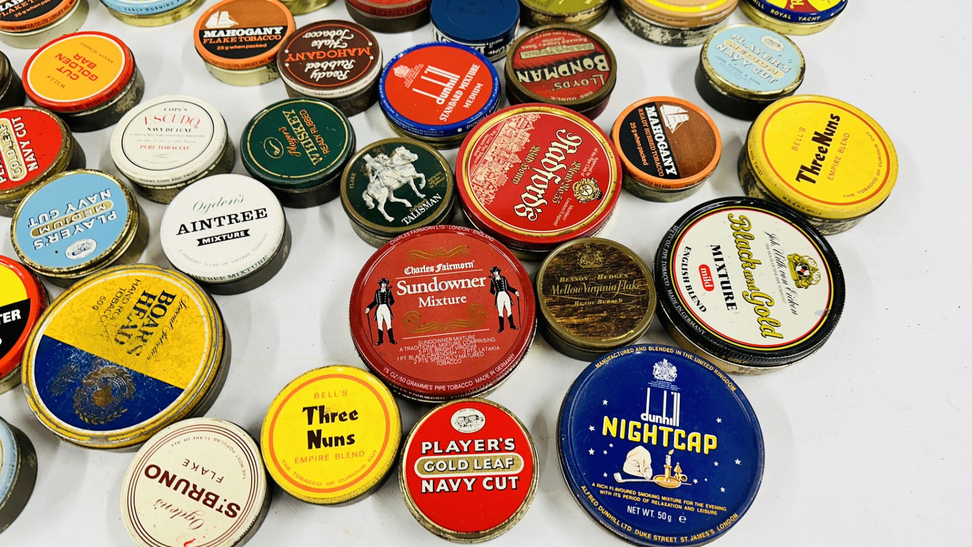 A BOX CONTAINING AN EXTENSIVE COLLECTION OF ASSORTED EMPTY VINTAGE ROUND TOBACCO TINS TO INCLUDE - Image 2 of 10