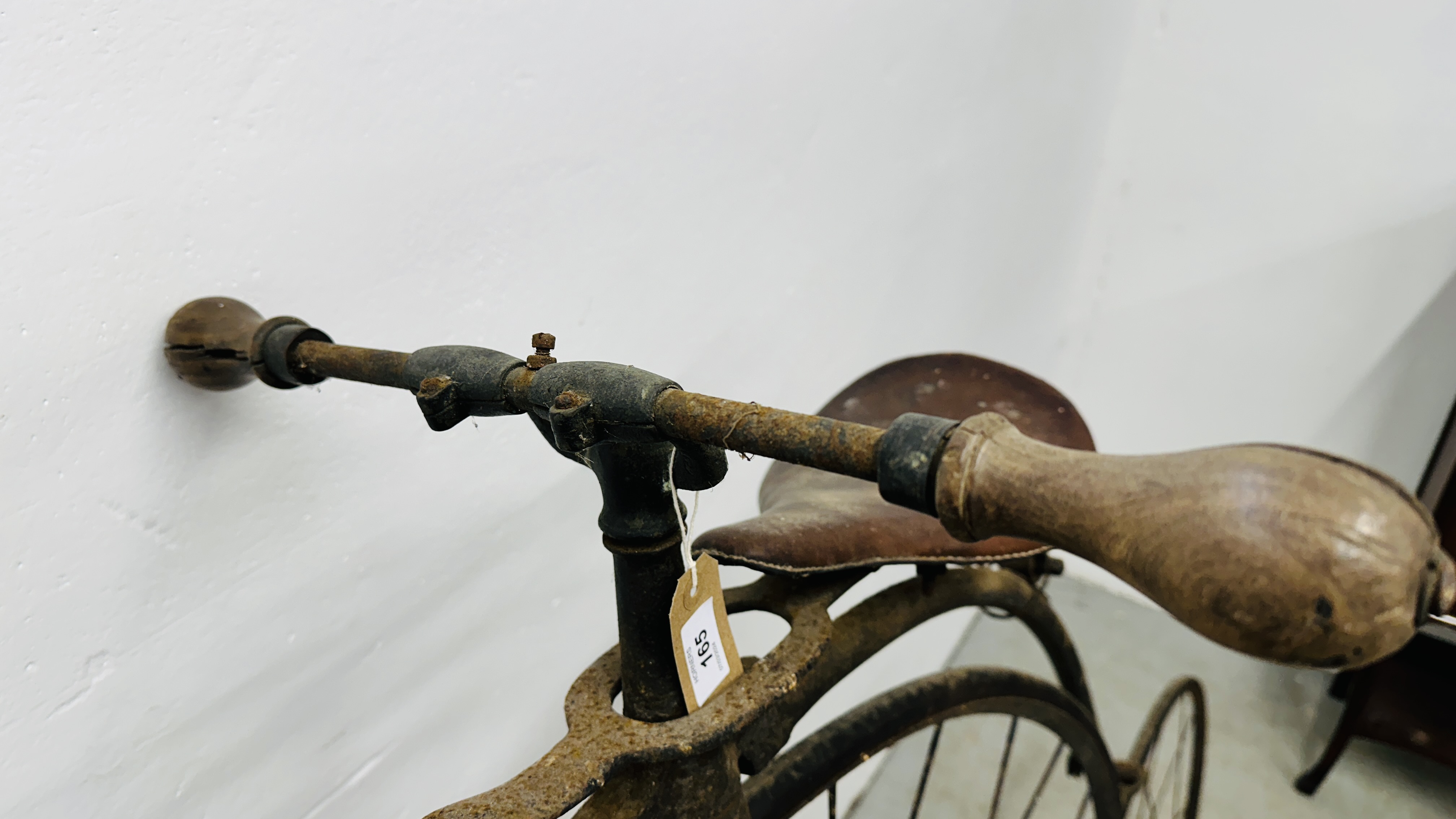 AN ANTIQUE PENNY FARTHING / HIGH WHEEL BICYCLE, HEIGHT 147CM, FRONT WHEEL RIM 119CM. - Image 5 of 20