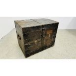 ANTIQUE OAK AND METAL BOUND SILVERSMITHS CHEST WITH CAST HANDLES BEARING BRASS PLAQUE GILLIAM & CO.