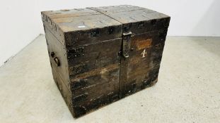 ANTIQUE OAK AND METAL BOUND SILVERSMITHS CHEST WITH CAST HANDLES BEARING BRASS PLAQUE GILLIAM & CO.