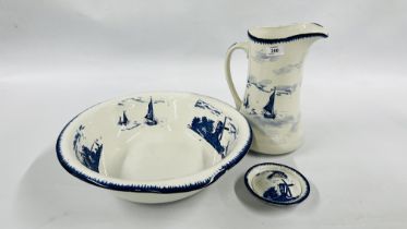 AN EMPIRE WARE EAST ANGLIAN PATTERN JUG AND BOWL SET ALONG WITH MATCHING SOAP DISH.