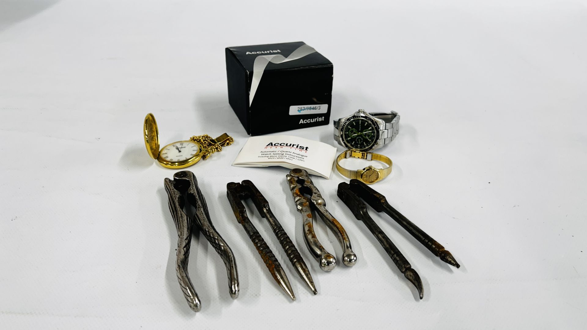 A GROUP OF FOUR VINTAGE NUT CRACKERS, INGERSOLL POCKET WATCH, SEIKO WRIST WATCH, 2 X GENTS ACCURIST,