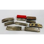 BOX OF 8 VINTAGE HARMONICAS TO INCLUDE HOHNER EXAMPLES.