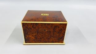 A BURR WALNUT JEWELLERY BOX, MONOGRAM FHW L 23 X D 17.5 X H 14CM.