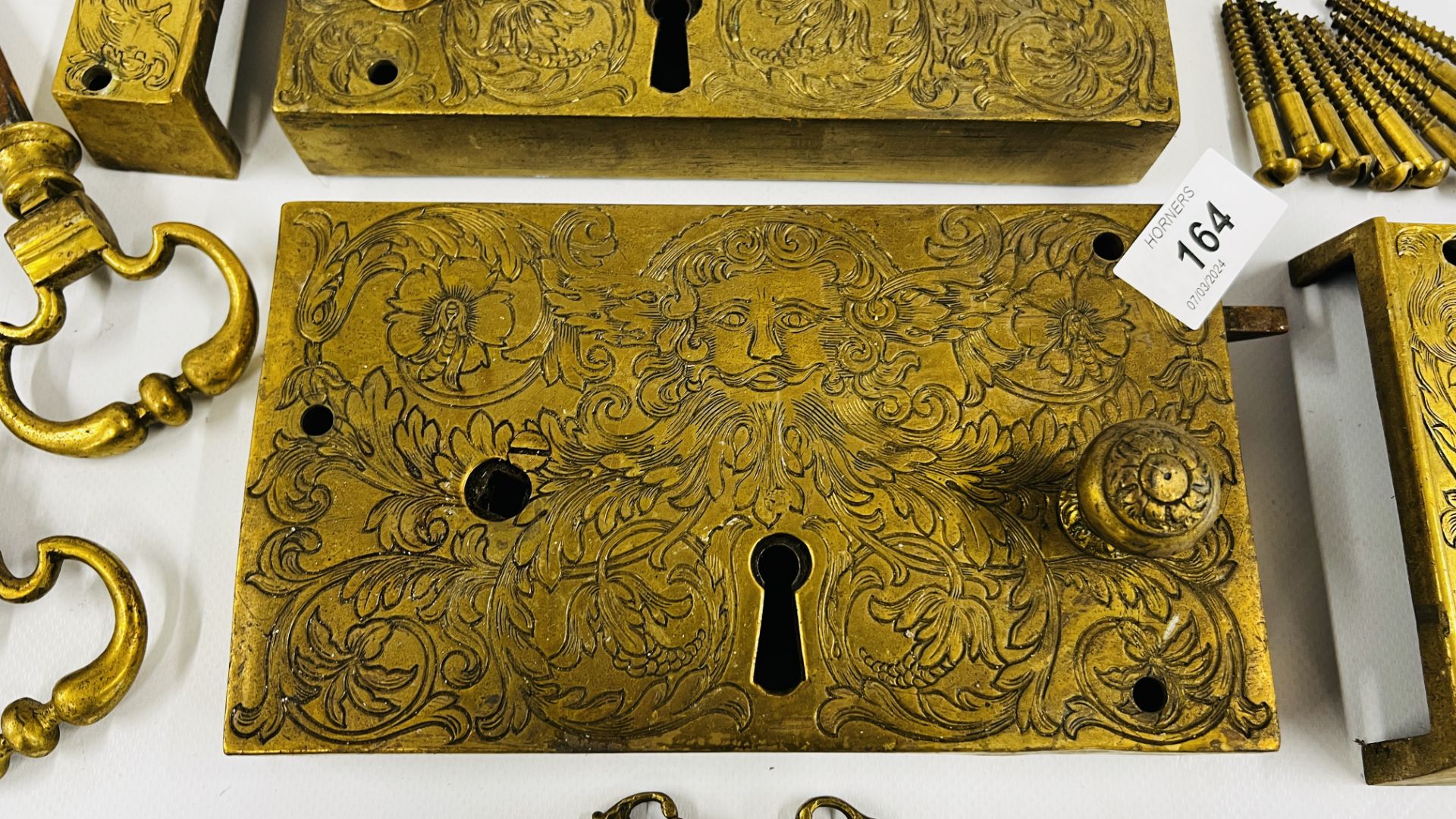 A PAIR OF ELABORATE ANTIQUE SOLID BRASS DOOR LOCKS PROBABLY C18th RETAINING THE ORIGINAL KEYS, - Image 2 of 12