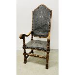 AN IMPRESSIVE SPANISH WALNUT ANTIQUE HIGH BACK ELBOW CHAIR, DETAILED SCROLLED ARMS,