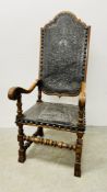 AN IMPRESSIVE SPANISH WALNUT ANTIQUE HIGH BACK ELBOW CHAIR, DETAILED SCROLLED ARMS,