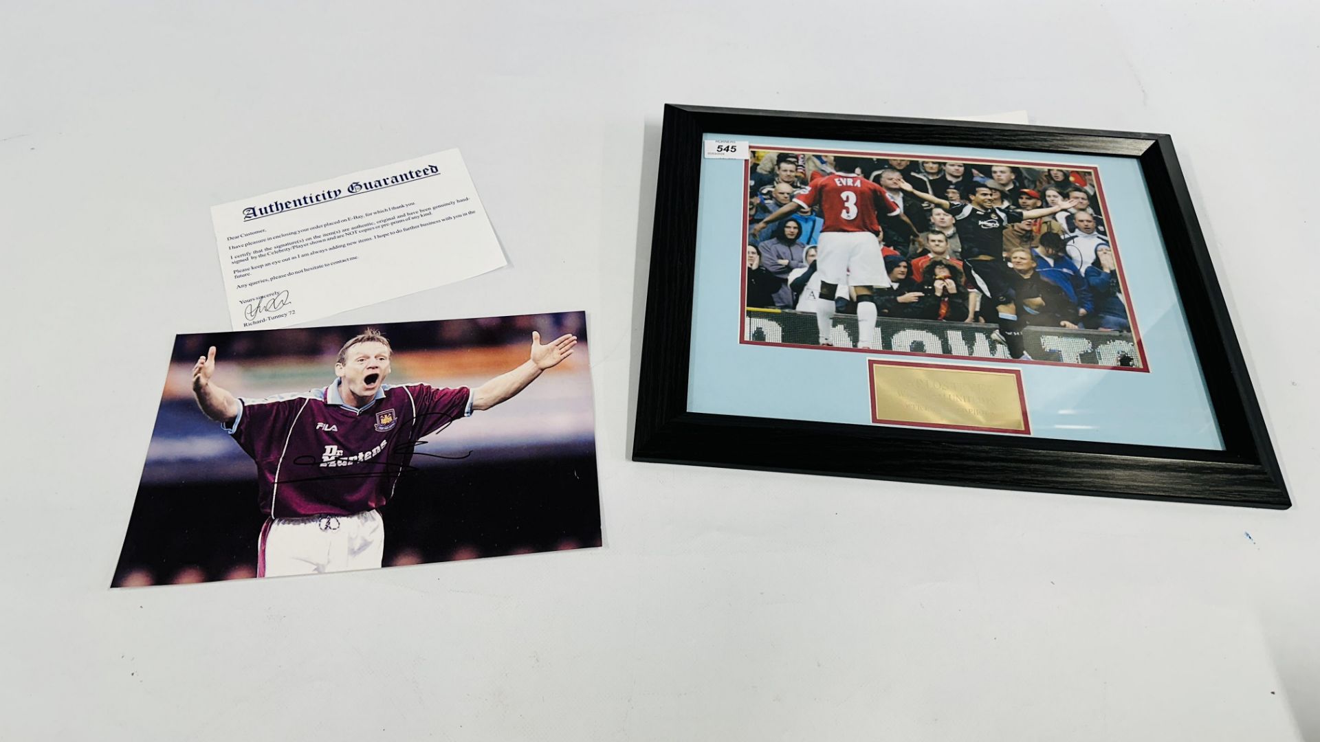 TWO SIGNED FOOTBALL RELATED PHOTOGRAPHS TO INCLUDE CARLOS TEVEZ.