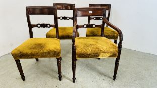 A SET OF FOUR GEORGE III MAHOGANY DINING CHAIRS INCLUDING A CARVER.