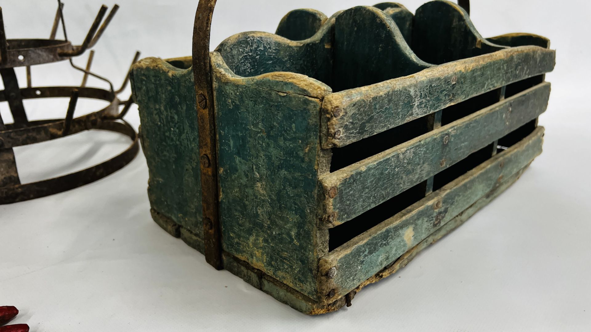 AN ANTIQUE PAINTED BOTTLE OR JAR HOLDER AND CAST METAL WINE BOTTLE HOLDER AND SIMILAR ITEMS. - Image 6 of 11