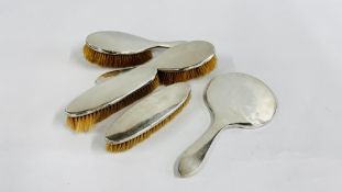 A VINTAGE FIVE PIECE SILVER BACKED DRESSING TABLE SET,