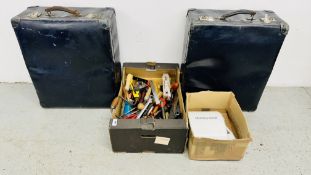 A BOX OF ASSORTED SHED TOOLS TO INCLUDE PLANES AND MEASURES, 2 VINTAGE SUITCASES,