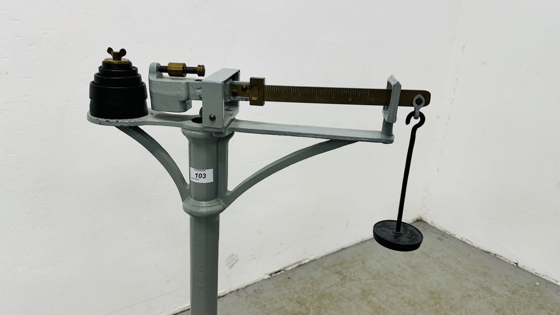 A SET OF LARGE WEIGHT SCALES WITH WEIGHTS. - Image 3 of 6