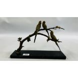 COLD PAINTED BRONZE STUDY OF THREE BUDGERIGARS ON A BLOSSOM BRANCH ON A HARD STONE BASE - L 33CM X