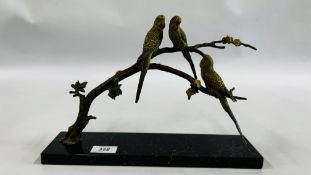 COLD PAINTED BRONZE STUDY OF THREE BUDGERIGARS ON A BLOSSOM BRANCH ON A HARD STONE BASE - L 33CM X