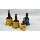 THREE GRADUATED WADE SCOTCH WHISKY BELLS + A FURTHER BLUE GLAZED EXAMPLE "ROYAL RESERVE" 20 YEAR