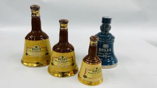 THREE GRADUATED WADE SCOTCH WHISKY BELLS + A FURTHER BLUE GLAZED EXAMPLE "ROYAL RESERVE" 20 YEAR