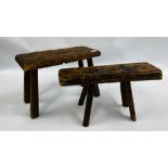 TWO VINTAGE HANDCRAFTED HARDWOOD LOW/MILKING STOOLS (SIGNS OF PREVIOUS WOODWORM).