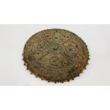 ANTIQUE POSSIBLY OTTOMAN LEATHERED SHIELD WITH METAL STUDDED DETAIL, DIAMETER 46CM.