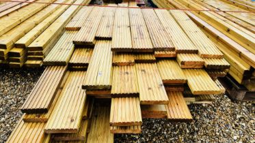 A PALLET CONTAINING 120 OFFCUTS OF TANALISED DECKING 145MM X 30MM, VARYING LENGTHS,