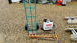 OREGAN 16H BACKPACK SPRAYER, HAND OPERATED HOLE DIGGER & VARIOUS CROWBARS AND SACK BARROW.