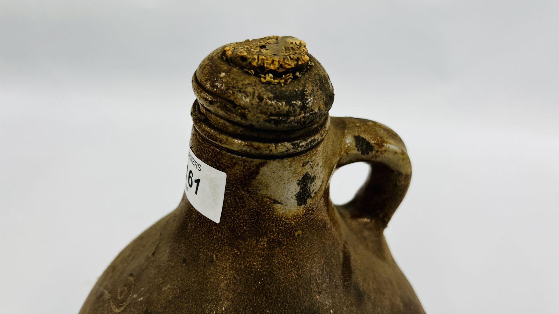 AN ANTIQUE STONEWARE C18th JUG "2" WITH ORIGINAL CORK STOPPER, H 35CM. - Image 2 of 6