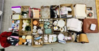 20 BOXES OF ASSORTED HOUSEHOLD EFFECTS TO INCLUDE GLASSWARE, KIITCHEN UTENSILS, CROCKERY,