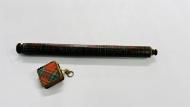 TWO PIECES OF VINTAGE TARTAN WARE TO INCLUDE A RULE AND A TAPE MEASURE.