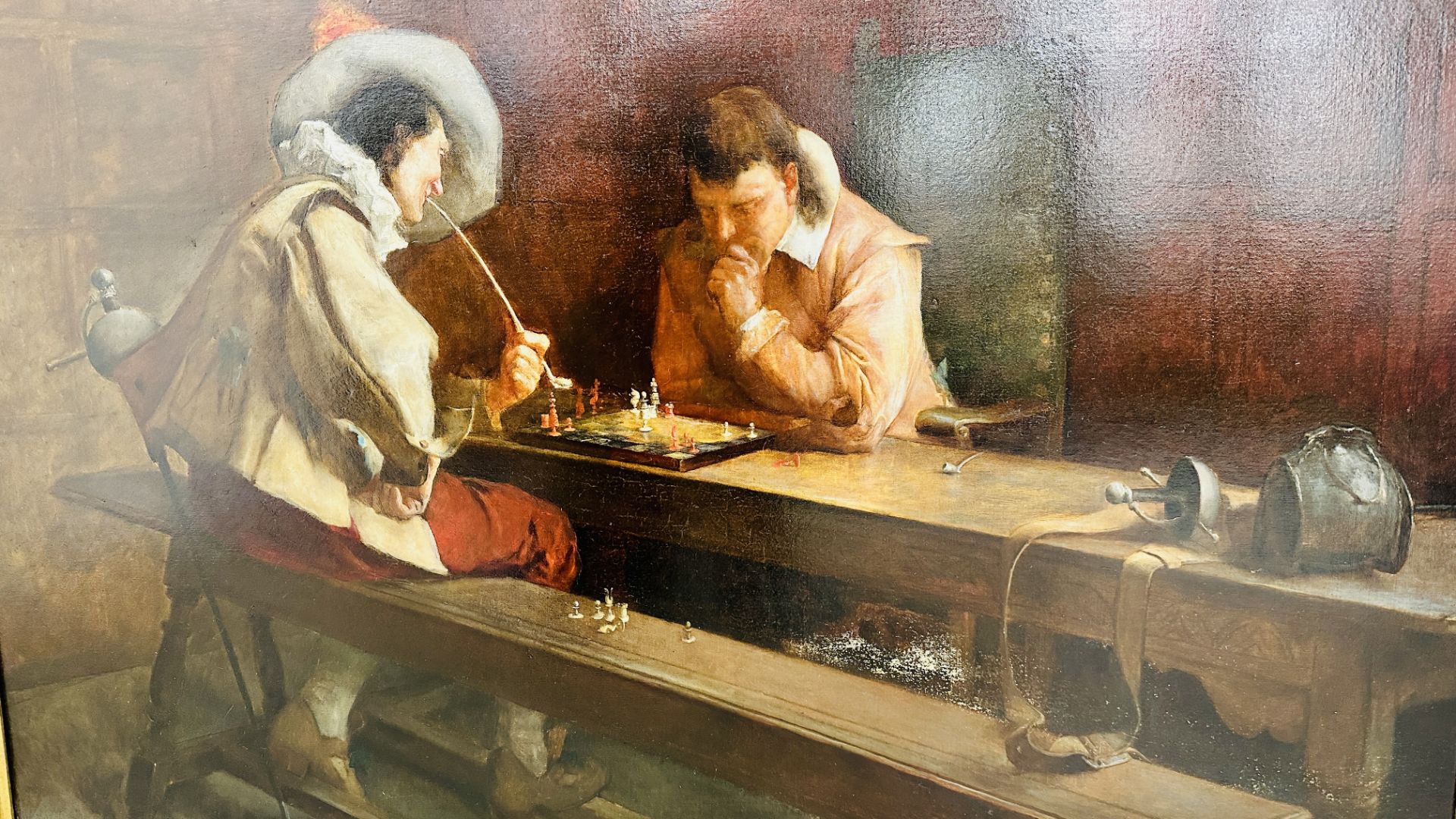 A REPRODUCTION OIL ON CANVAS OF DUTCH INTERIOR SCENE OF SEATED FIGURES PLAYING CHESS 65 X 100CM. - Image 2 of 5
