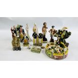 A BOX OF ASSORTED ORNAMENTS TO INCLUDE STAFFORDSHIRE STYLE FLAT BACKS,