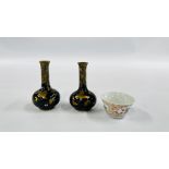 A PAIR OF MINIATURE ONION VASES GILT DECORATED WITH BUTTERFLIES HEIGHT 9CM ALONG WITH A MINIATURE
