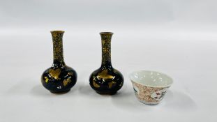 A PAIR OF MINIATURE ONION VASES GILT DECORATED WITH BUTTERFLIES HEIGHT 9CM ALONG WITH A MINIATURE