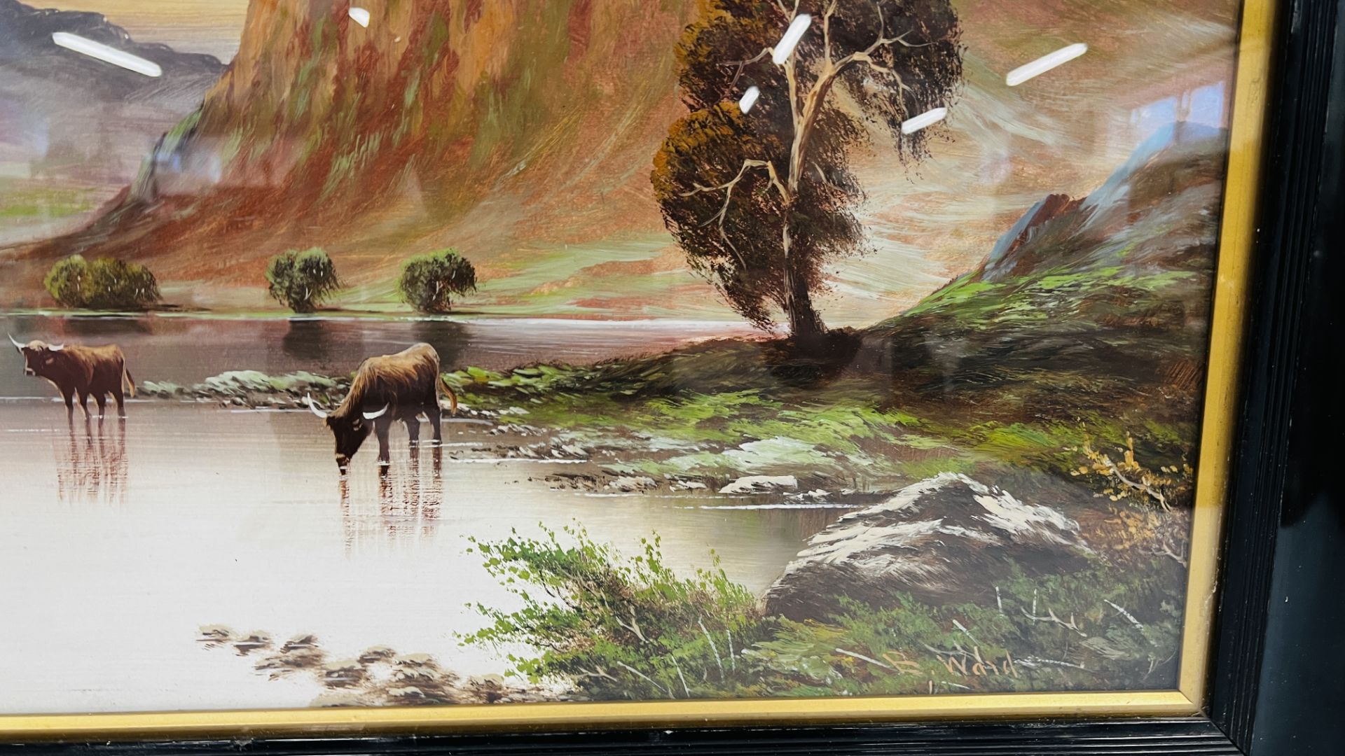 A FRAMED AND MOUNTED OIL ON BOARD DEPICTING HIGHLAND CATTLE IN THE MOUNTAINS BEARING SIGNATURE B. - Image 6 of 9