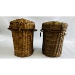 TWO C1900 VINTAGE INSULATED WICKER CARRYING BASKETS WITH GALVANISED LIDDED CONTAINERS TO INTERIORS.