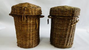 TWO C1900 VINTAGE INSULATED WICKER CARRYING BASKETS WITH GALVANISED LIDDED CONTAINERS TO INTERIORS.