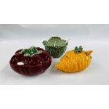 3 X BORDALLO PINHEIRO PORTUGUESE TUREENS TO INCLUDE A CABBAGE, CARROT AND TOMATO EXAMPLE.