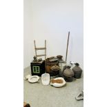 A COLLECTION OF VINTAGE BYGONES TO INCLUDE SACK BARROW, WILLOW BOUND BARREL, VALOR No112 FIELD OVEN,