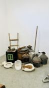 A COLLECTION OF VINTAGE BYGONES TO INCLUDE SACK BARROW, WILLOW BOUND BARREL, VALOR No112 FIELD OVEN,