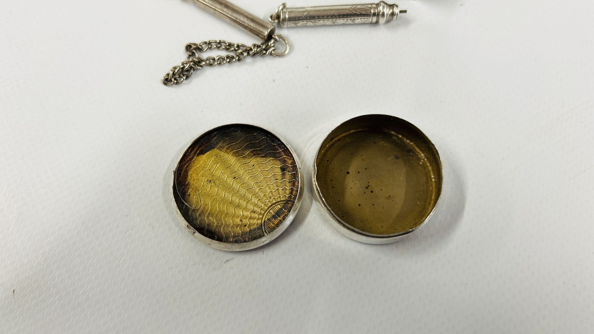 TWO SILVER MATCHBOX HOLDERS, CIRCULAR SILVER PILL BOX, TWO SILVER PROPELLING PENCILS. - Image 10 of 14