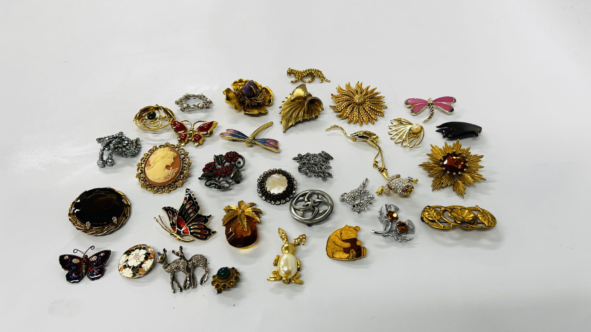 32 BROOCHES TO INCLUDE BUTTERFLIES, DRAGONFLIES, WINNIE THE POOH, STONE SET ETC.