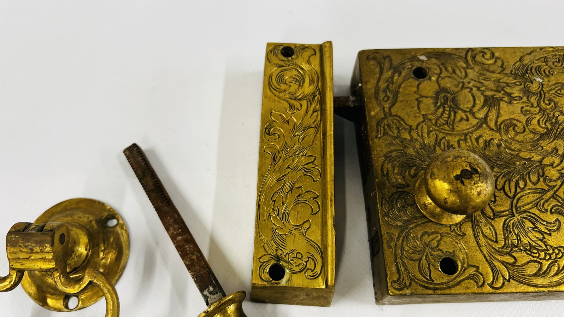 A PAIR OF ELABORATE ANTIQUE SOLID BRASS DOOR LOCKS PROBABLY C18th RETAINING THE ORIGINAL KEYS, - Image 4 of 12