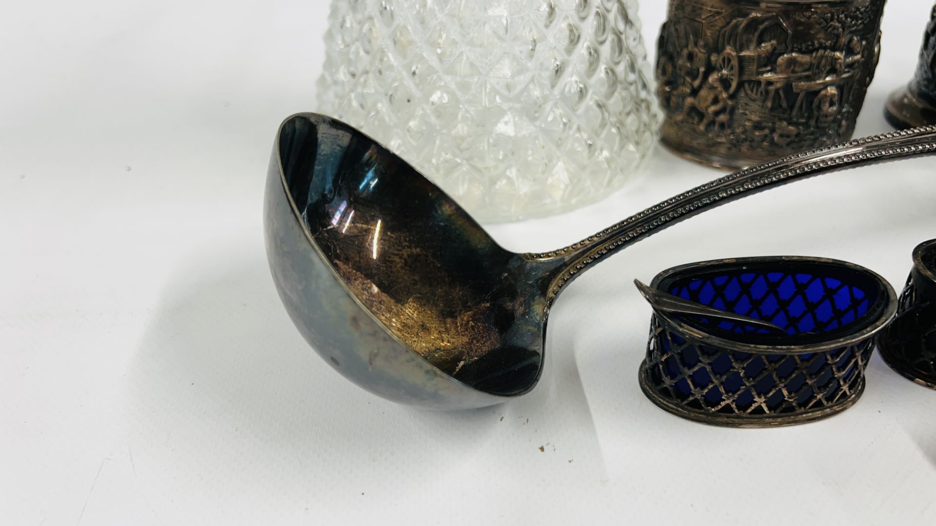 TWO SILVER SALTS WITH BLUE GLASS LINERS, SILVER MUSTARD WITH BLUE GLASS LINER, - Image 6 of 10