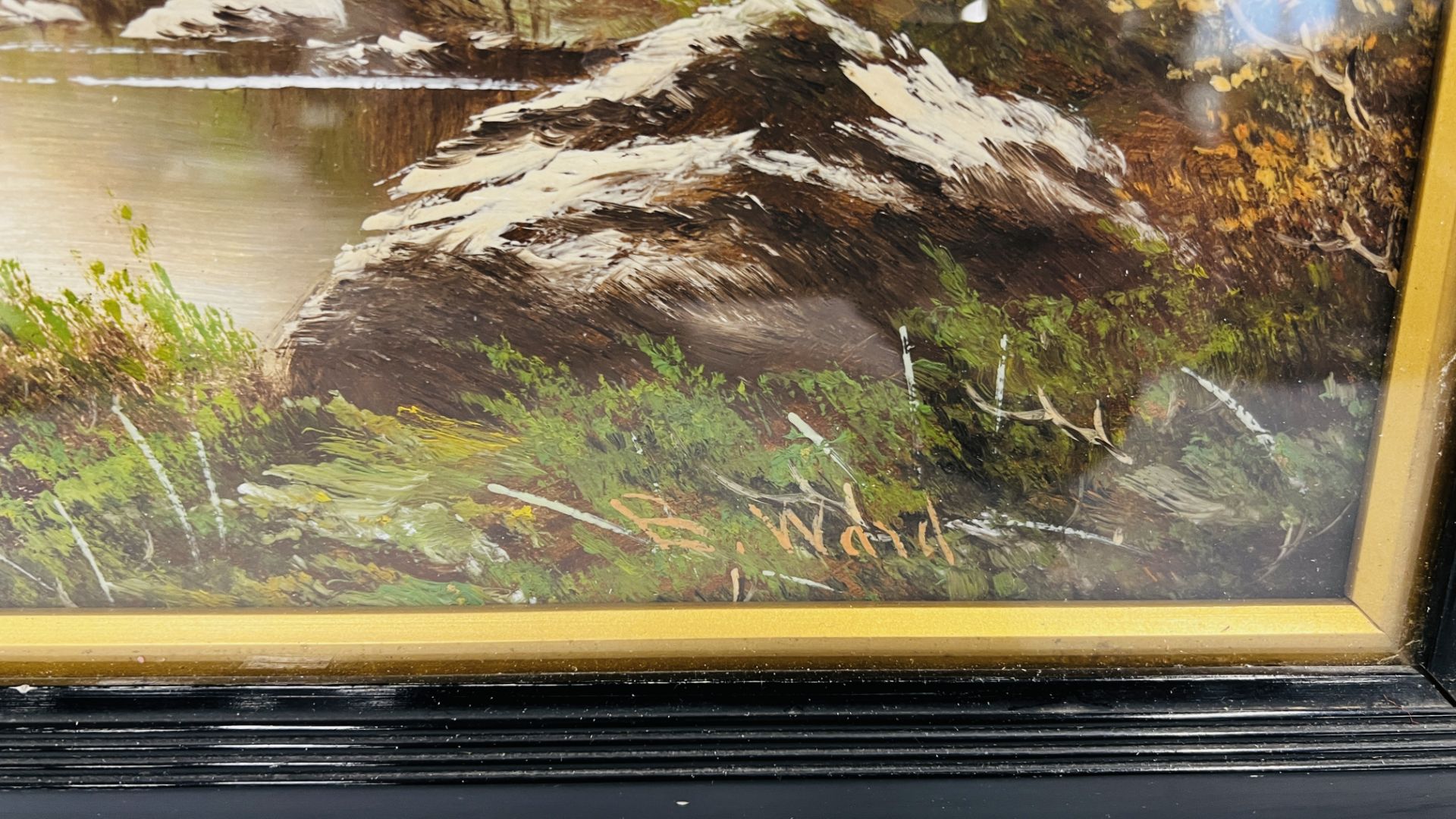 A FRAMED AND MOUNTED OIL ON BOARD DEPICTING HIGHLAND CATTLE IN THE MOUNTAINS BEARING SIGNATURE B. - Image 8 of 9