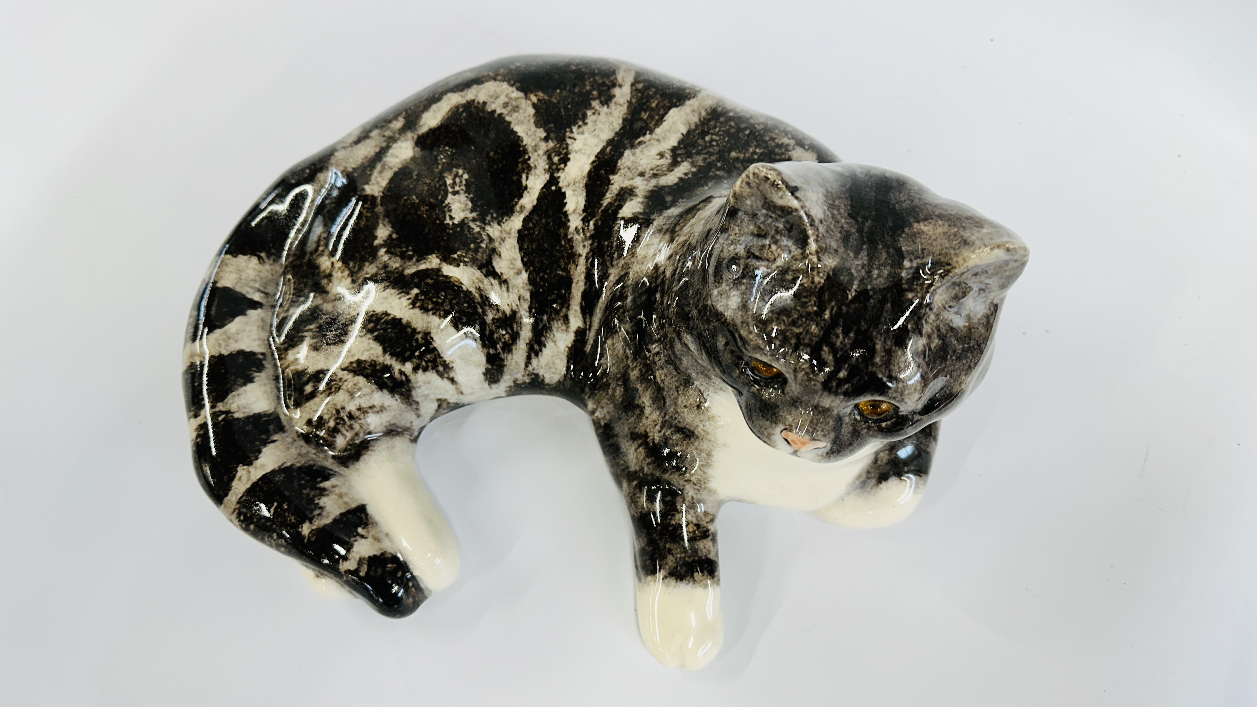 A HANDCRAFTED WINSTANLEY NO. 7 LAYING CAT FIGURE - HEIGHT 19CM, LENGTH 33CM. - Image 6 of 9