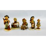 A GROUP OF FIVE GOEBEL FIGURES INCLUDING 'BOOKWORM', 'EVENING PRAYER' AND 'FAVOURITE PET' ETC.