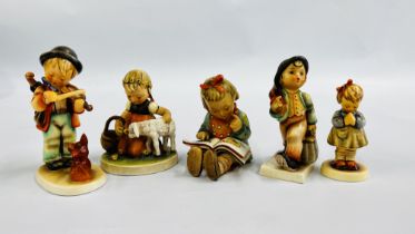 A GROUP OF FIVE GOEBEL FIGURES INCLUDING 'BOOKWORM', 'EVENING PRAYER' AND 'FAVOURITE PET' ETC.