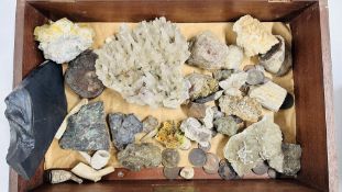 TABLE TOP DISPLAY CASE CONTAINING COLLECTION OF CRYSTAL AND ROCK SPECIMENS.