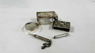 TWO SILVER MATCHBOX HOLDERS, CIRCULAR SILVER PILL BOX, TWO SILVER PROPELLING PENCILS.